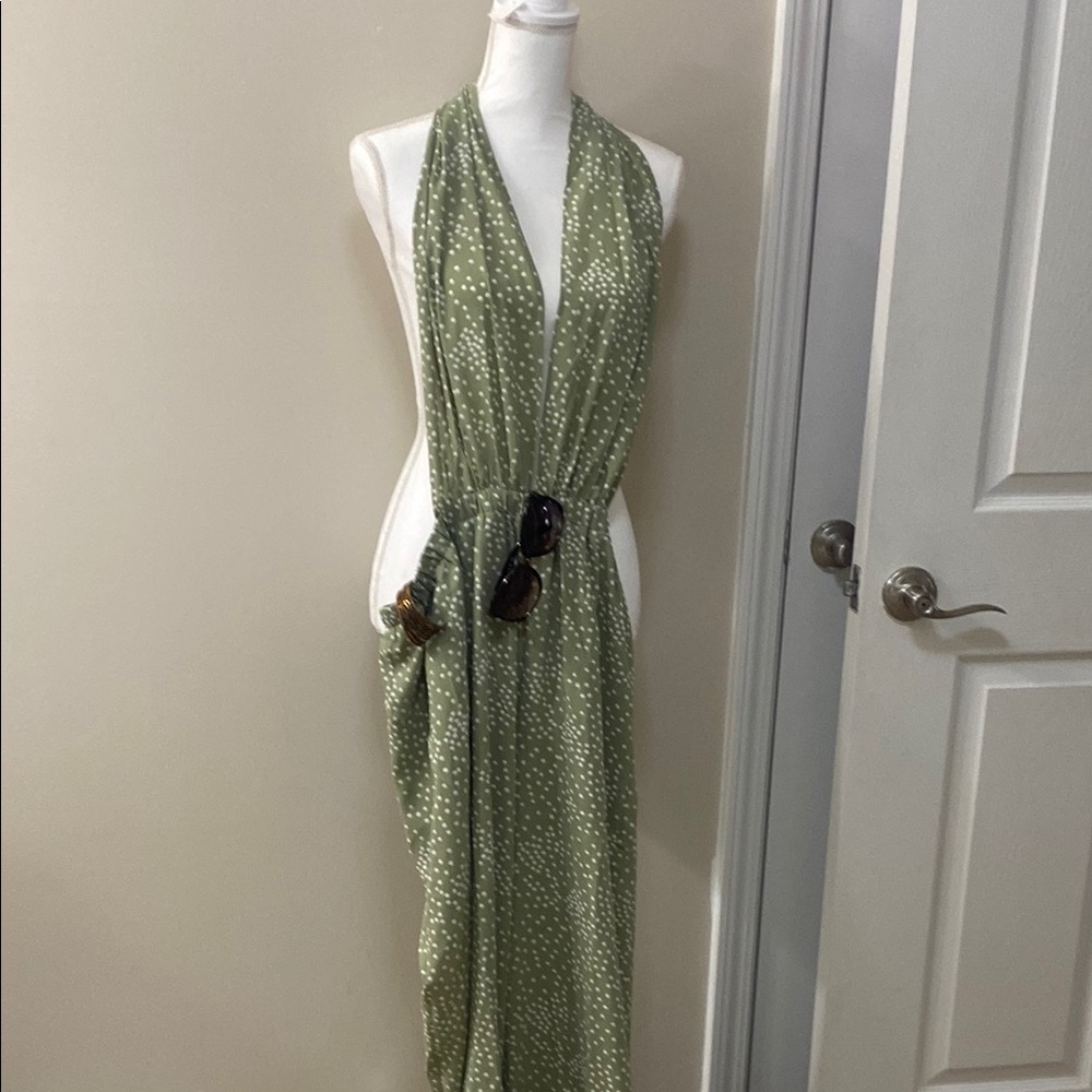 Coffee Bean Pistachio Polka Dot Halter Jumpsuit w/Shades